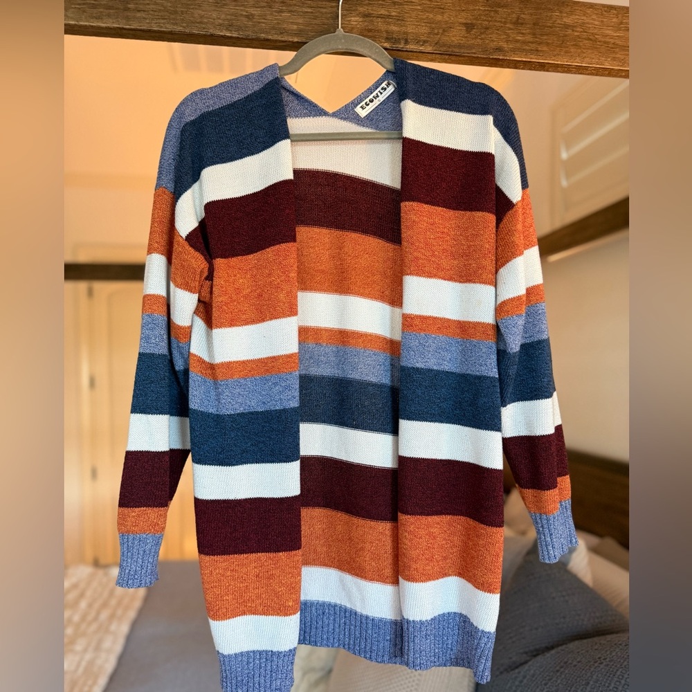 Women's Striped Cardigan in Burgundy, Orange, Blue, and White